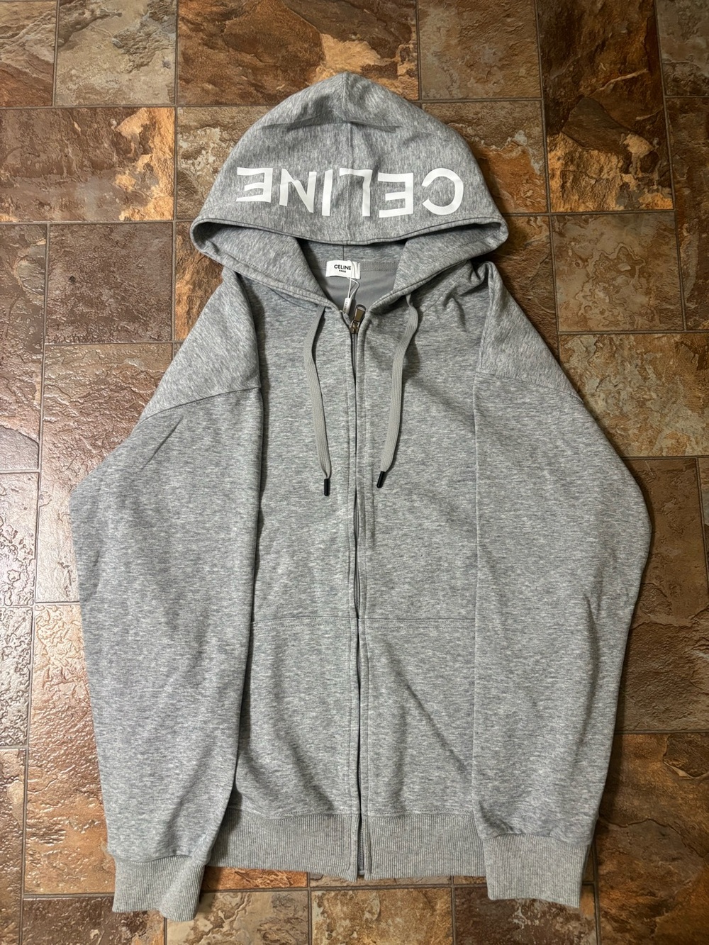 Celine Grey Men's Full-Zip Hoodie with Logo Hood
